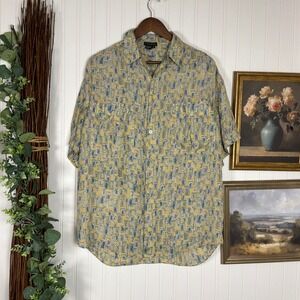 Tulliano Button Up Shirt Mens Medium Yellow Excellent Silk Abstract Geometric
